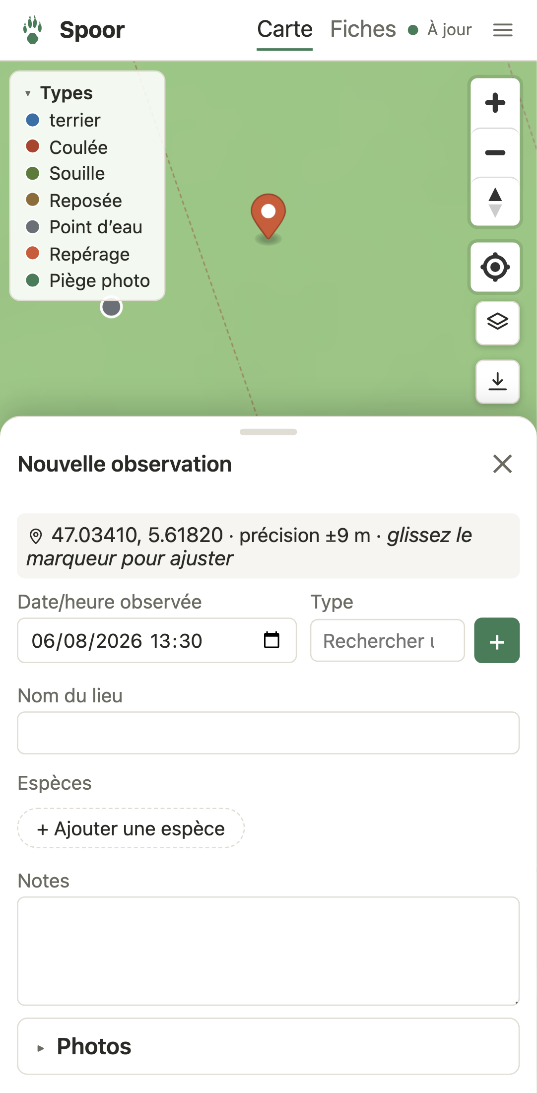 La saisie d'une observation dans Spoor : le relevé GPS en cours d'affinage, avec la précision annoncée en mètres.