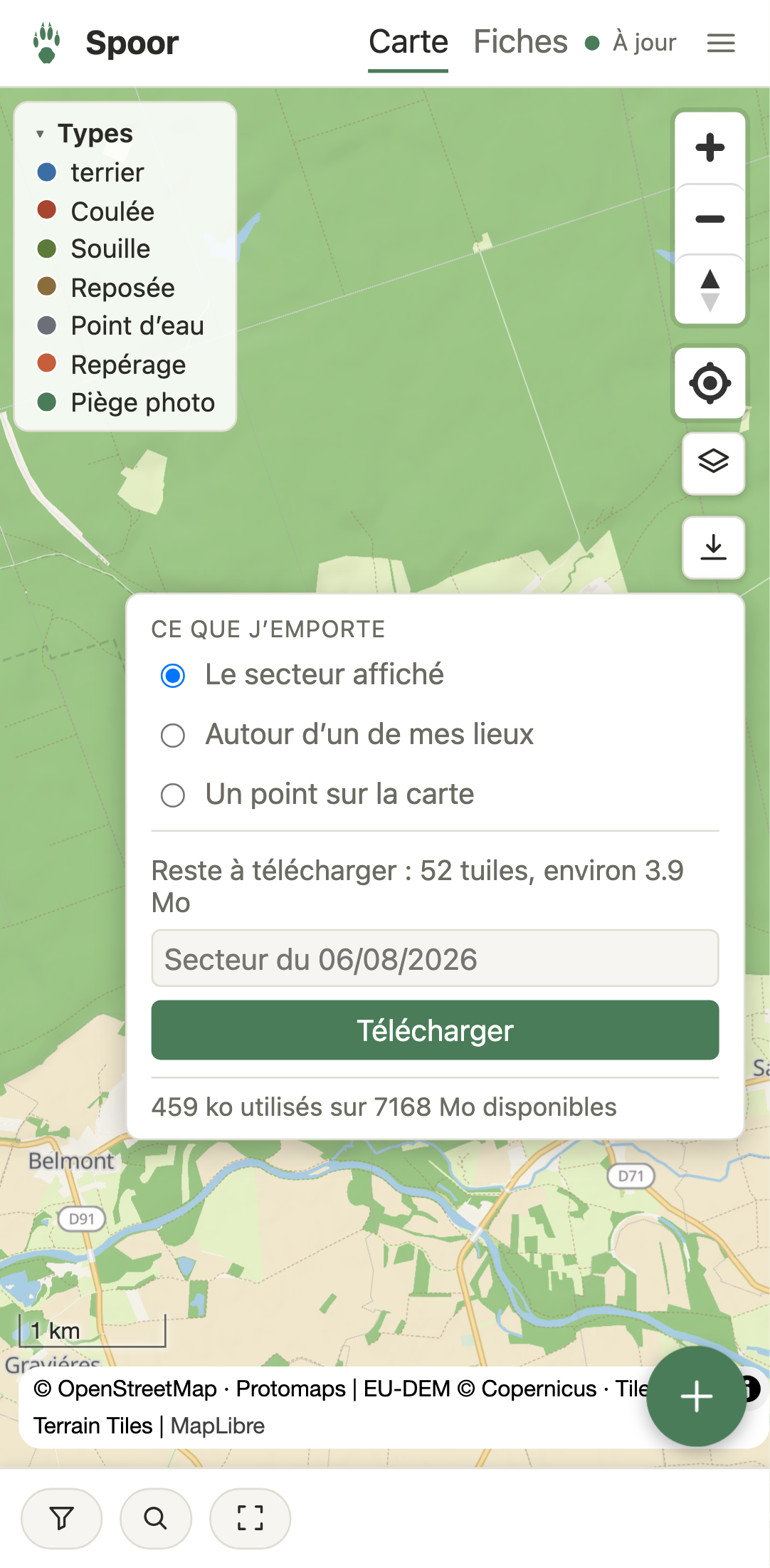 Le téléchargement d'un secteur dans Spoor : un rectangle tracé sur la carte et le poids annoncé avant de lancer.
